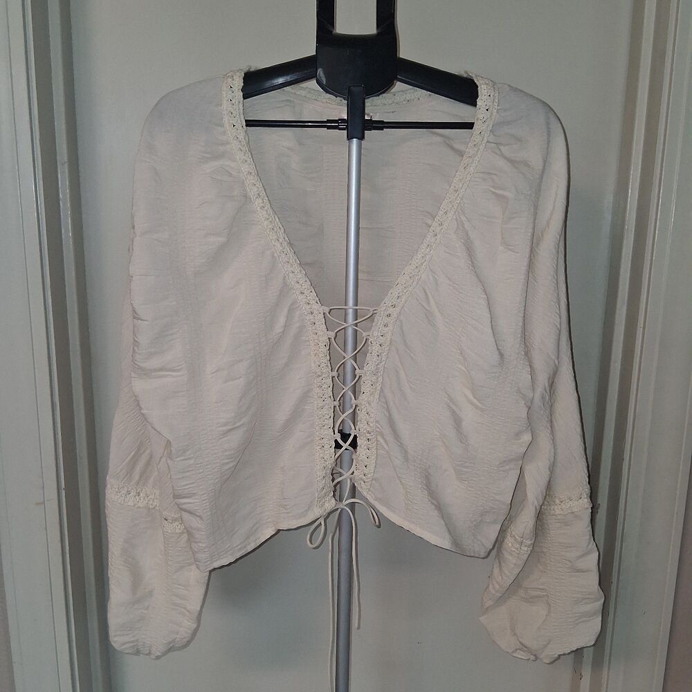 Willow & Root Cream Gauze Lace-Up Corset Crop Top L/XL Festival Coquette Fairy